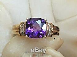 Vintage Estate 14k Gold Amethyst Diamond Ring Engagement Cushion Cut Signed CID