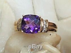 Vintage Estate 14k Gold Amethyst Diamond Ring Engagement Cushion Cut Signed CID