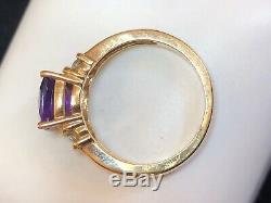 Vintage Estate 14k Gold Amethyst Diamond Ring Engagement Cushion Cut Signed CID