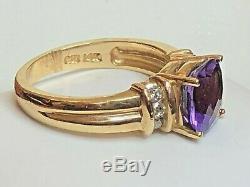 Vintage Estate 14k Gold Amethyst Diamond Ring Engagement Cushion Cut Signed CID