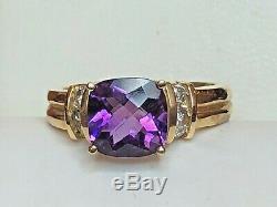 Vintage Estate 14k Gold Amethyst Diamond Ring Engagement Cushion Cut Signed CID