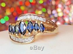 Vintage Estate 14k Gold Blue Sapphire Diamond Band Wedding Designer Signed Aj