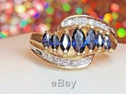 Vintage Estate 14k Gold Blue Sapphire Diamond Band Wedding Designer Signed Aj