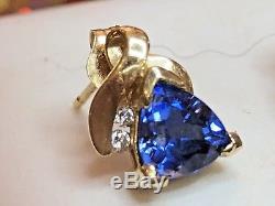 Vintage Estate 14k Gold Blue Sapphire Diamond Earrings Signed Ema Trillion Cut