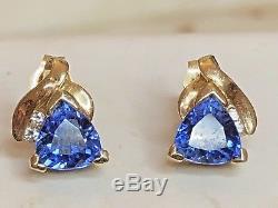 Vintage Estate 14k Gold Blue Sapphire Diamond Earrings Signed Ema Trillion Cut