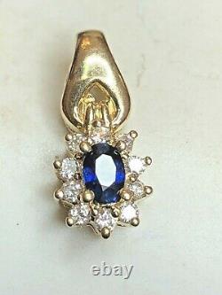 Vintage Estate 14k Gold Blue Sapphire Diamond Necklace Pendant Signed Cei