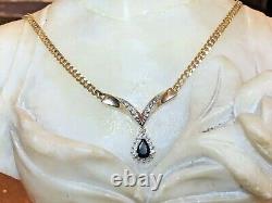 Vintage Estate 14k Gold Blue Sapphire Diamond Pendant Signed Aj Halo Necklace