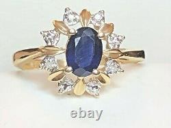 Vintage Estate 14k Gold Blue Sapphire Diamond Ring Engagement Wedding Signed