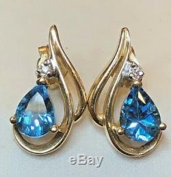 Vintage Estate 14k Gold Blue Topaz Diamond Earrings Studs Gemstones Signed
