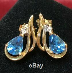 Vintage Estate 14k Gold Blue Topaz Diamond Earrings Studs Gemstones Signed