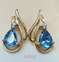 Vintage Estate 14k Gold Blue Topaz Diamond Earrings Studs Gemstones Signed