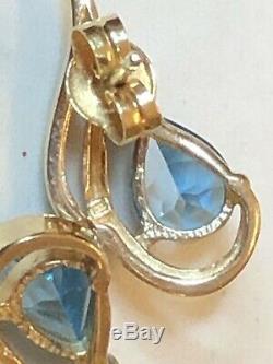 Vintage Estate 14k Gold Blue Topaz Diamond Earrings Studs Gemstones Signed