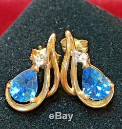 Vintage Estate 14k Gold Blue Topaz Diamond Earrings Studs Gemstones Signed