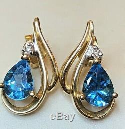 Vintage Estate 14k Gold Blue Topaz Diamond Earrings Studs Gemstones Signed