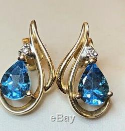 Vintage Estate 14k Gold Blue Topaz Diamond Earrings Studs Gemstones Signed