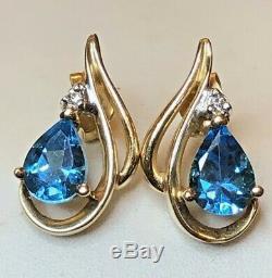 Vintage Estate 14k Gold Blue Topaz Diamond Earrings Studs Gemstones Signed