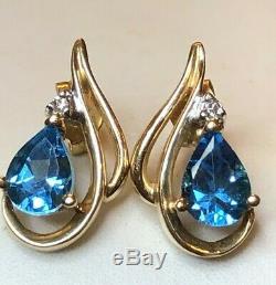 Vintage Estate 14k Gold Blue Topaz Diamond Earrings Studs Gemstones Signed