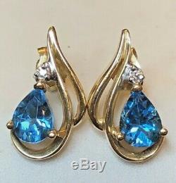 Vintage Estate 14k Gold Blue Topaz Diamond Earrings Studs Gemstones Signed