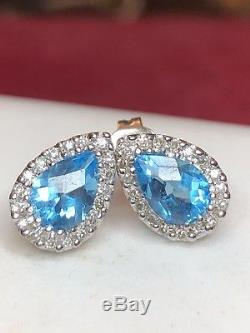 Vintage Estate 14k Gold Blue Topaz & White Sapphires Earrings Signed Lgl