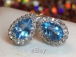 Vintage Estate 14k Gold Blue Topaz & White Sapphires Earrings Signed Lgl