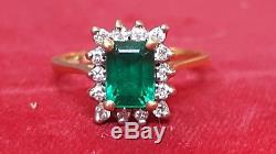 Vintage Estate 14k Gold Emerald Genuine Natural 14 Diamonds Ring Signed Zm