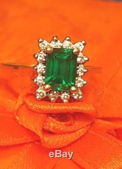 Vintage Estate 14k Gold Emerald Genuine Natural 14 Diamonds Ring Signed Zm