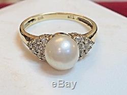 Vintage Estate 14k Gold Fresh Water Cultured Pearl Diamond Ring Signed Rti