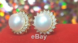 Vintage Estate 14k Gold Fresh Water Pearl Diamond Halo Earrings Wedding Signed