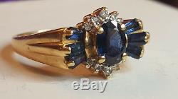 Vintage Estate 14k Gold Genuine Natural Blue Sapphire & Diamond Ring Signed Aj