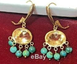 Vintage Estate 14k Gold Genuine Natural Citrine & Turquoise Earrings Signed Zb