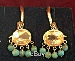 Vintage Estate 14k Gold Genuine Natural Citrine & Turquoise Earrings Signed Zb