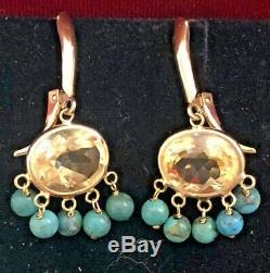 Vintage Estate 14k Gold Genuine Natural Citrine & Turquoise Earrings Signed Zb