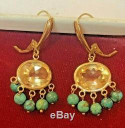 Vintage Estate 14k Gold Genuine Natural Citrine & Turquoise Earrings Signed Zb