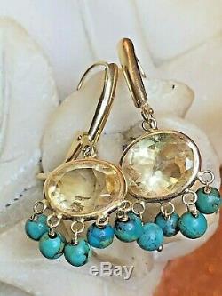 Vintage Estate 14k Gold Genuine Natural Citrine & Turquoise Earrings Signed Zb