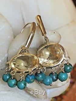 Vintage Estate 14k Gold Genuine Natural Citrine & Turquoise Earrings Signed Zb