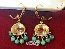 Vintage Estate 14k Gold Genuine Natural Citrine & Turquoise Earrings Signed Zb