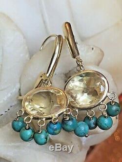 Vintage Estate 14k Gold Genuine Natural Citrine & Turquoise Earrings Signed Zb