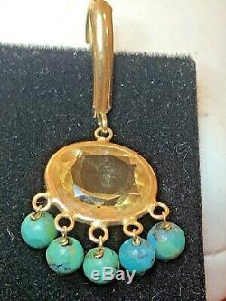 Vintage Estate 14k Gold Genuine Natural Citrine & Turquoise Earrings Signed Zb