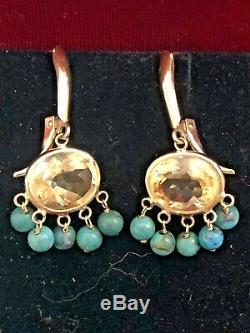 Vintage Estate 14k Gold Genuine Natural Citrine & Turquoise Earrings Signed Zb