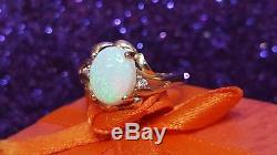 Vintage Estate 14k Gold Genuine Natural Opal Diamond Ring Flower Signed Cf