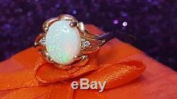 Vintage Estate 14k Gold Genuine Natural Opal Diamond Ring Flower Signed Cf