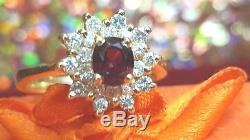 Vintage Estate 14k Gold Genuine Natural Red Garnet Ring 20 Diamonds Signed Nd