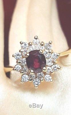 Vintage Estate 14k Gold Genuine Natural Red Garnet Ring 20 Diamonds Signed Nd