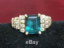 Vintage Estate 14k Gold Green Emerald & Diamond Ring Engagement Wedding Signed