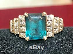 Vintage Estate 14k Gold Green Emerald & Diamond Ring Engagement Wedding Signed