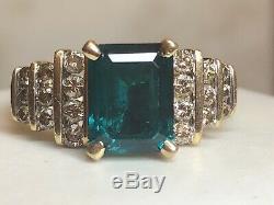 Vintage Estate 14k Gold Green Emerald & Diamond Ring Engagement Wedding Signed