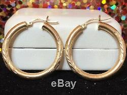 Vintage Estate 14k Gold Hoop Earrings Etched Brushed Flower Designer Signed DM