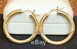 Vintage Estate 14k Gold Hoop Earrings Etched Brushed Flower Designer Signed DM