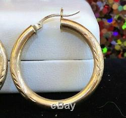 Vintage Estate 14k Gold Hoop Earrings Etched Brushed Flower Designer Signed DM