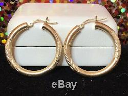 Vintage Estate 14k Gold Hoop Earrings Etched Brushed Flower Designer Signed DM